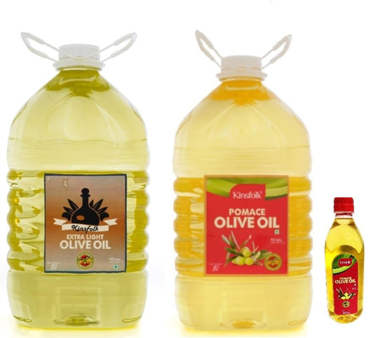 Kinsfolk Extra light Olive Oil & Pomace Olive Oil (5 L Each) | Healthy Cooking Oil for Daily use | Lowest in Saturated Fat With Free 500ml Pomace Olive oil