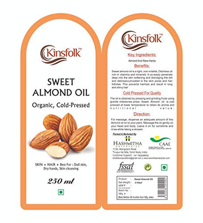 Kinsfolk Pure Cold Pressed Sweet Almond Oil for Hair and Skin - Badam Oil - 250ml  ((Pack Of 10))