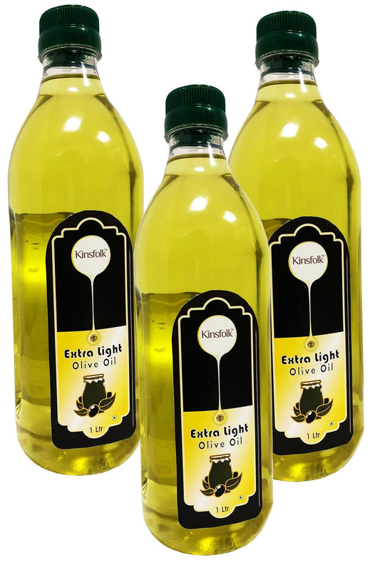 Kinsfolk Extra Light Olive Oil | Oil for Cooking, Dressings, Salad, Soups, Dips, and Marinades | Light, Flavorful, and Ideal for All Culinary Uses - 1 Ltr (Pack Of 3)